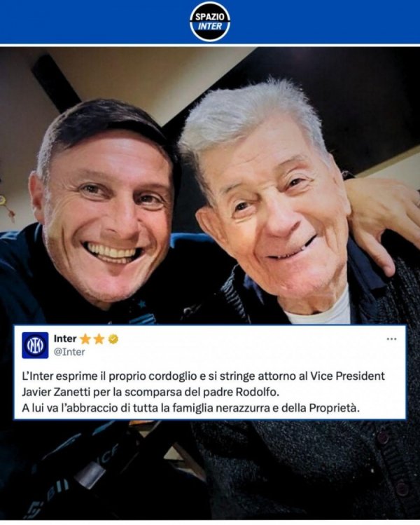 萨内蒂父亲死一火，国米官方：向萨内蒂致以赤诚的追悼