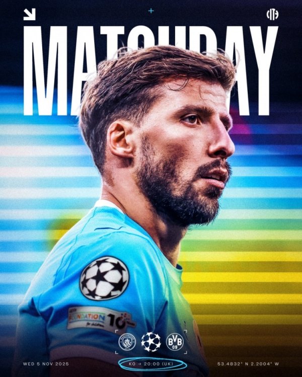 强强对话！曼城发布欧冠对阵多特海报，鲁本-迪亚斯单东谈主出镜